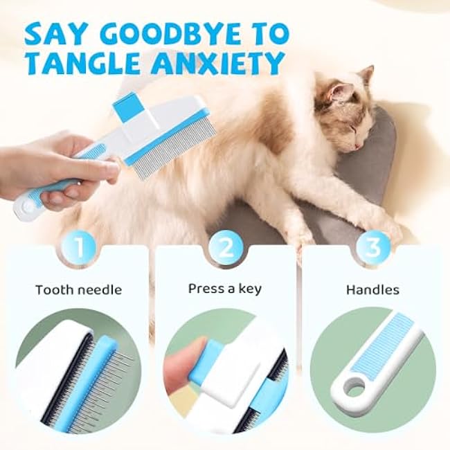 Pet Hair Removal Comb Flea Comb, Cat Brush with Release Button, Cat Grooming Brushes for Indoor Cats Shedding, Cleaning Shedding Pet Hair Remover for Dogs Cats Pet Grooming Brush Tool (Blue, 1PC)-uJx6iX0N