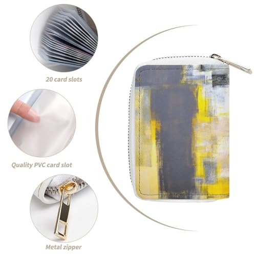 Women Leather Coin wallet, Key Change Organizer Zipper Card Holder Purse Clutch Pouch Pocket 4.5x3.15 in Print Grey Yellow White Dark Abstract Art Painting4