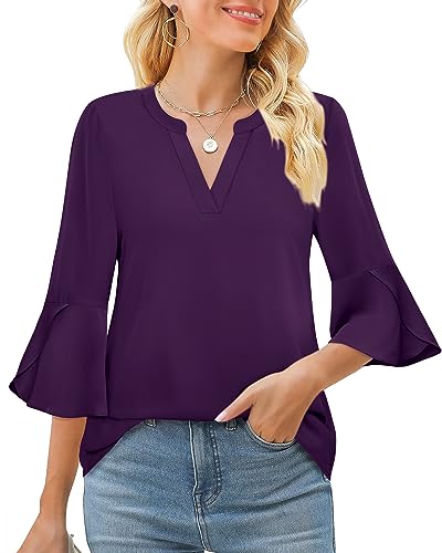 Gaharu Women's Work Blouses Ruffle 3/4 Sleeve Dressy Top V Neck Casual Chiffon Tunic Blouses Business Shirts2