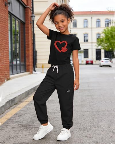 Image of Betusline Girls 2 Piece Summer Outfits,Black Heart Cute Short Sleeve Crop Tops + Black Cargo Jogger Pants Clothes,13-14 Years = Tag 170