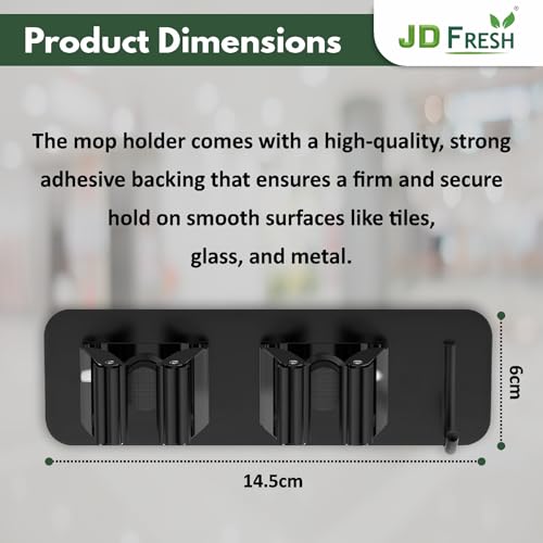 Image of JD FRESH 1 Pcs Stainless Steel Mop and Broom Holder Wall Mount 2 Slot & 1 Hook, No Drill Anti Slip Waterproof Adhesive Broom Hanger Stand Organizer for Kitchen Home Garden Office Garage (Black)