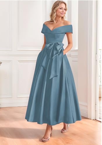 Off The Shoulder Satin Mother of The Bride Dresses for Wedding with Bow Tea Length Formal Evening Gowns2