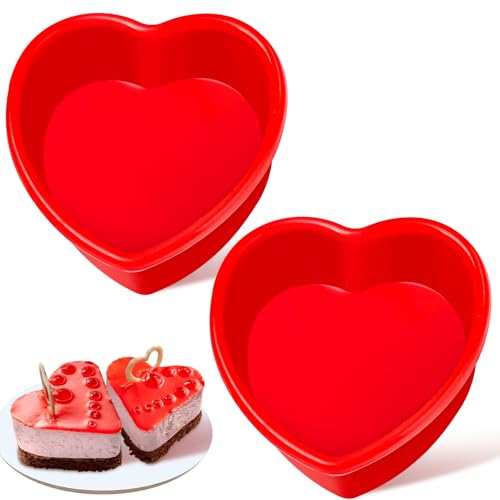 CLUEWR 4 Inch Mini Heart Shaped Cake Pans, 2 Pack Nonstick Small Heart Silicone Baking Molds for Cheesecakes, Chocolate Cakes, Brownies