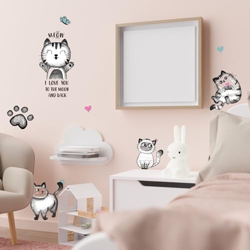 SUPERDANT 10 Style Cartoon Cats Wall Decals Cute Cat Bedroom Decor with Heart Paw Print Wall Stickers Vinyl Wall Decor for Bedroom Living Room Nursery Home Pet Room Decorations 29×90cm - Image 4