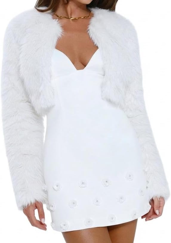 Just Quella Women's Light Weight No Stretch Extra Soft Plush Faux Fur Evening Open Front Bolero Cropped Fitted Jacket Shrug