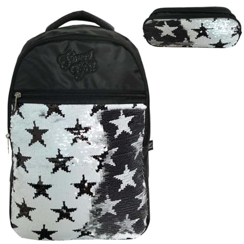 Mochila Infantil Sweet Girl Paetês Preto e Branco com estojo