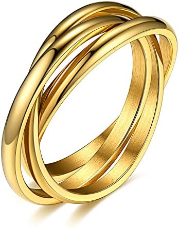 Bestyle Interlocking Rolling Gold Band Rings for Women, Trendy High Polished 18K Gold Plated Stainless Steel Dome Cross Rings, Yellow Gold Rolling Fidget Rings for Anxiety Release, Size 7
