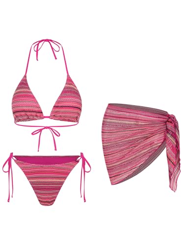 ZAFUL Womens 3pcs Swimsuit Floral Halter Triangle Bikini Top Tie