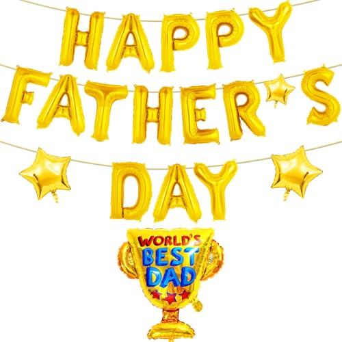Happy Fathers Day Balloons Decorations Set 16Inch Gold Aluminum Foil Balloons Banner with Star Balloon Fathers Day Decorations for Best Dad Trophy Ever Dad Party Decorations Supplies