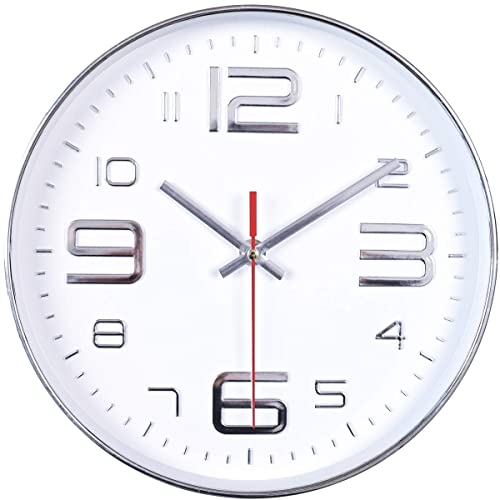 45MinST 10 Inch Wall Clocks, 3D Number Dial Face Modern Wall Clock, Silent Non-Ticking Round Home Decor Wall Clock with Arabic Numerals, Colorful Dial Face (Silver)