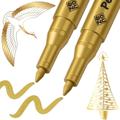 ZENO 2 Gold Paint Pens – Oil-Based Permanent Markers, Metallic Gold Ink, 0.7mm Extra Fine Tip for Rock, Glass, Fabric, Plastic, Cards, DIY & Christmas Crafts