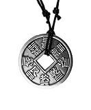 Chinese Lucky Coin Charm Pewter Pendant + Rope Necklace Adjustable