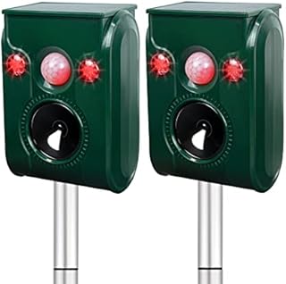 PGFIT 2-Pack Solar Animal Repeller, Ultrasonic Animal Repeller, Outdoor Waterproof Motion Activated with LED Flashing Alarm Sound to Repel Cats, Dogs, Deer, Rabbits, Squirrels, Skunks, Raccoons, etc.