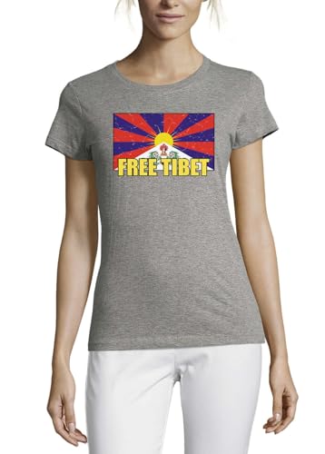T-shirt gris en coton pour femme avec motif imprimé Free Tibet et col rond