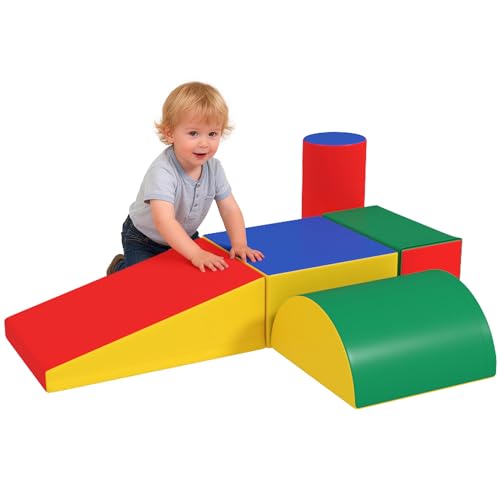 HOMCOM Set Costruzioni Morbide per Bimbi 1-3 Anni con 5 Blocchi Colorati, Set da Gioco Blocchi Morbidi per bambini in Finta Pelle e Schiuma, Rosso, Verde, Blu, Giallo