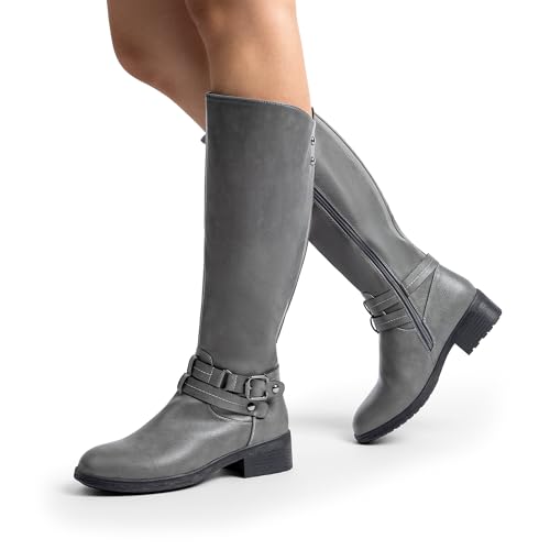 DREAM PAIRS Women's Knee High Boots, Buckle Riding Boots,Size 10,Grey,UNCLE