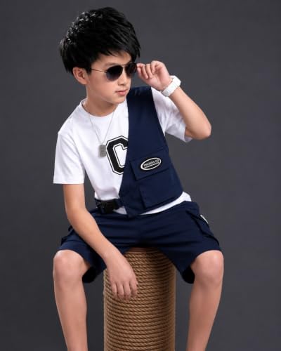 Image of Kids Boys 3-Piece Outfit Set | Half Sleeve T-Shirt, Utility Vest & Cargo Shorts with Cap | Stylish Casual Summer Clothing Set for Boys
