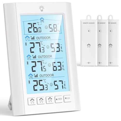 LIORQUE Indoor Outdoor Thermometer Wireless with 3 Remote Sensor 4.5 Inch Display Temperature and Humidity Monitor Digital Thermometer Hygrometer for 330FT Range