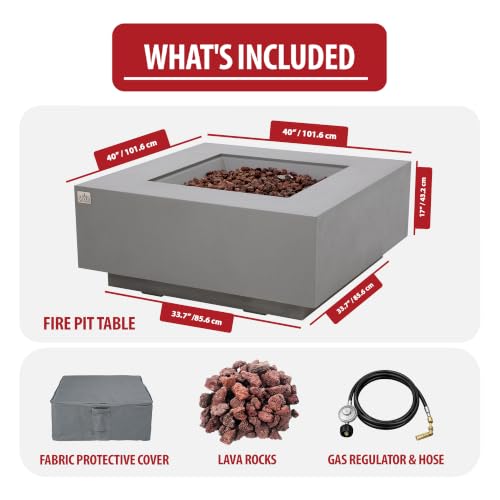 Image of AMS Creations | Brooklyn 40 inch Square Propane Gas Outdoor Fire Pit Table | Light Gray Concrete GFRC Smooth Texture Surface Fire Pit Table