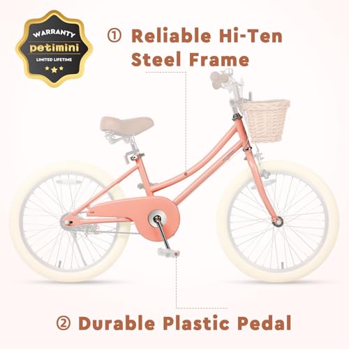Image of Petimini Vintage Kids Bike for Girls, 12-20 Inch Classic Bicycle with Wicker Basket & Bell, High Tensile Steel Frame, Training Wheels (12-18 inch), 85% Pre-Assembled, Retro Bike for Outdoor Riding