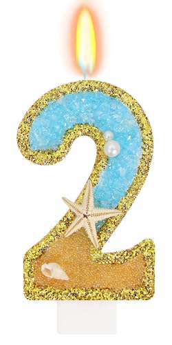 Glitter Gold Beach Number 2 Candle Gold Birthday Candles for Cake Topper
