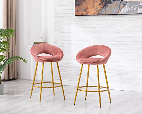 Cimota Velvet Pink Bar Stools Set Of 2 Modern Barstools 26 Inch Counter Stool Chairs With Open Back/Gold Base Kitchen Stools For Island/Home Bar/Dining Room/Kitchen #TOP5