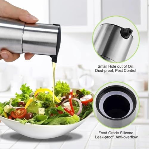 Image of 2-Pieces Olive Oil Dispenser Bottle | Glass & Stainless Steel Cruet with Drip-Free Spout | Perfect for Cooking Oil, Vinegar & Dressings | Leak-Proof Pourer for Kitchen, Home & Restaurant Use (310ML)