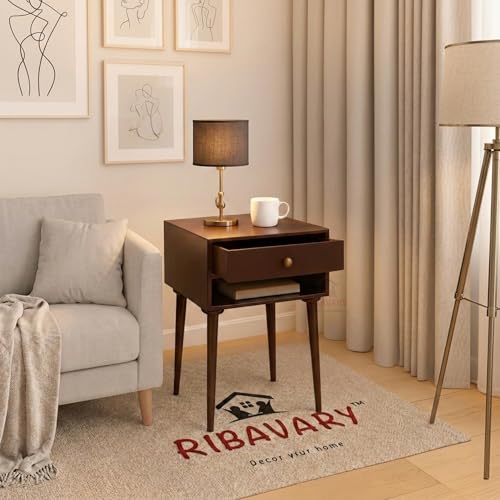 Image of Modern Bedside Table Nightstand with Solid Wood Legs, Practical End Side Table with Drawer Storage for Small Spaces Wooden Bedside Table, Coffee Table, Living Room /Bedroom (Brown)