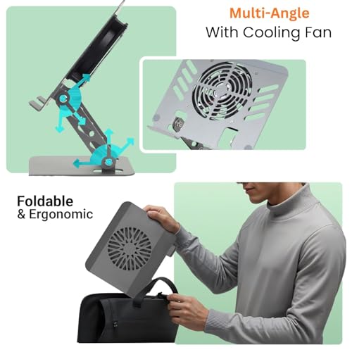 Image of Stealodeal Adjustable Laptop Stand with Cooling Fan, Foldable Aluminum Laptop Holder, Multi-Angle Ergonomic Laptop Riser for Desk, Portable Notebook Stand with USB Cooling for 10-17 Inch Laptops