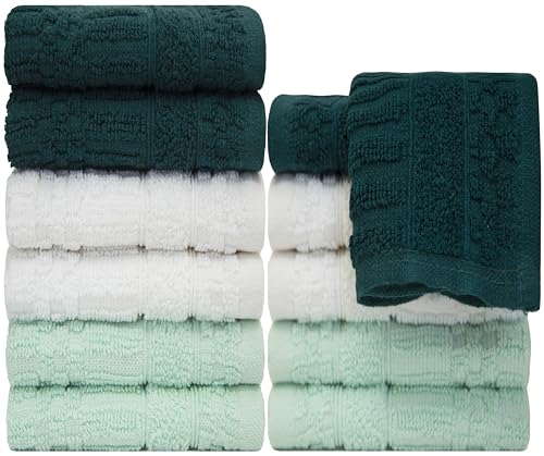 Image of PH Pleasant Home Diamond Wash Cloths Set - 12 Pack (12 inch x 12 inch) - 509 GSM - 100% Ring Spun Cotton Wash Cloth - Super Soft and Highly Absorbent Face Towels (Green, White & Mint)