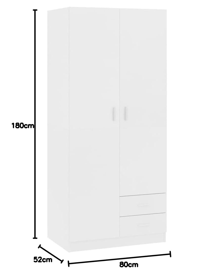 Biała szafa na ubrania, 80 x 52 x 180 cm, wykonana z wytrzymałego materiału drewnopochodnego z 2 drzwiami i 2 szufladami, idealna do sypialni i garderoby