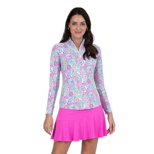 IBKUL Athleisure Wear Sun Protective UPF 50+ Icefil Cooling-Gloria Print Long Sleeve Mock Neck Top-10869, Hot Pink/Turquoise, S