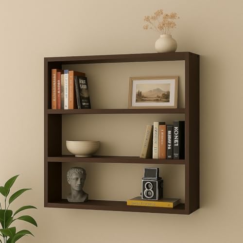 Image of Deion 3 Tier Wooden Book Shelf for Wall | Wall Mounted Bookshelf for Living Room & Bedroom | Floating Wall Shelves | Home Decor & Wall Decoration Items | Corner Shelf for Decor