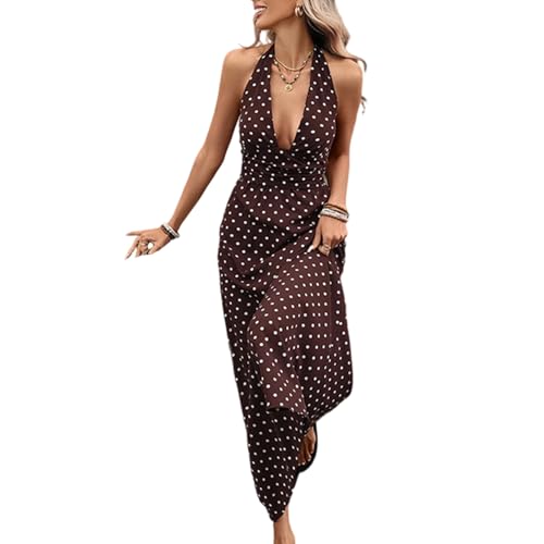 Robe longue à pois fluide respirante et infroissable à col en V profond