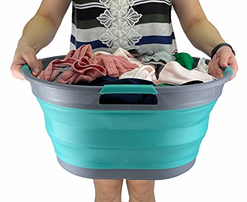 SAMMART 25L zusammenklappbarer Wäschekorb aus Kunststoff – Faltbarer Pop-Up-Aufbewahrungsbehälter/Organizer – tragbare Waschwanne – platzsparender Wäschekorb (Grau/Türkisblau)