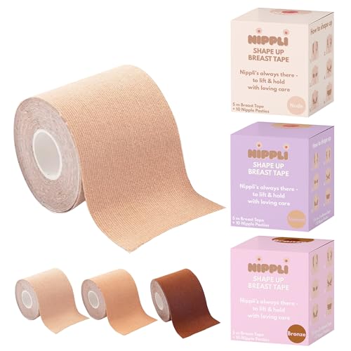 Nippli Shape Up Breast Tape (Nude) – NippelCover 7,5cm x 5m, inkl. 10 Nipplepads – Brust Tape – für den perfekten Halt ohne BH – Feuchtigkeitsbeständig & extra Breit