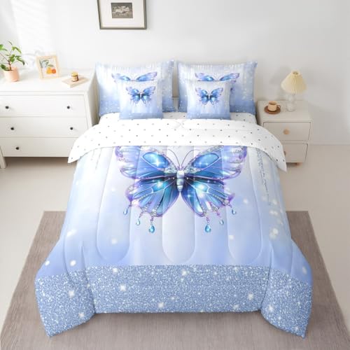 Image of Feelyou Butterfly Comforter Set with Sheets 7 Piece King Size Dreamy Princess Bedding Set for Kids Boys Girls Glitter Bed in a Bag Watercolor Butterflies Room Decor Soft Lightweight Microfiber