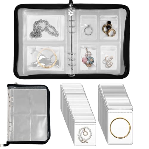Travel Jewelry Organizer Transparent Jewelry Storage Book Set with Anti-oxidation Pocket Traveling Necklace Earring Organizer for Ring Bracelets Postcard (120 Grids +75 Thicken PVC Zipper Bags)
