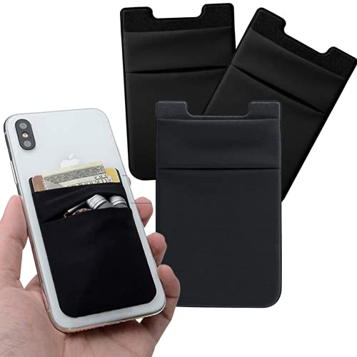 3Pack-Stick On Phone Card Wallet and Card Holder for Phone Stretchy Lycra Credit Card Holder for Cell Phone ID Case Pouch Sleeve 3M Adhesive Sticker Compatible with iPhone Samsung Galaxy Android-Black