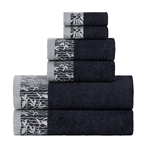 Superior Embroidered Towel Collection, Floral And Geometric Assorted 6-Piece Cotton Towel Set, 30" X 54", 16" X 30", 13" X 13", Black #TOP18