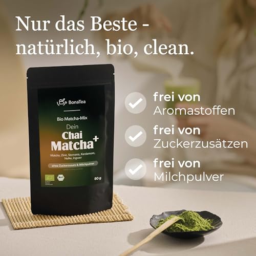 Bio Chai Matcha+, Bio Premium Matcha (60%) mit Chai Gewürzen - perfekt als Latte, 80g