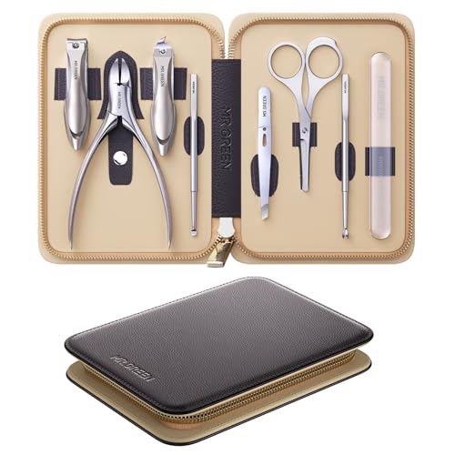 MR.GREEN Juego de manicura y pedicura 8 en 1 – Kit profesional de cortaúñas alemán de acero inoxidable con cortaúñas a prueba de salpicaduras y estuche de viaje de cuero real (marrón castaño)