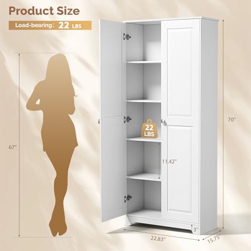 Image of VINGLI 72 inch Tall Pantry Cabinet, Kitchen Pantry Storage Cabinet with 2 Doors & Adjustable Shelves, Freestanding Food Storage Cupboard for Kitchen, Dining Room, Utility Room, White