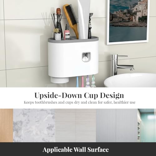Image of Toothbrush Holder Wall Mounted, Automatic Toothpaste Dispenser Squeezer Kit -Magnetic Toothbrush Holder for Bathroom and Vanity, 4 Brush Slots (Grey, 1 Cup)