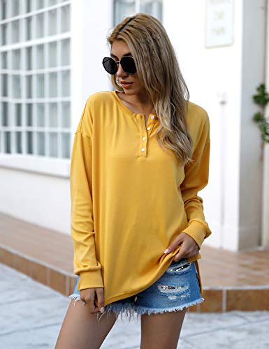 Blooming Jelly Women's Long Sleeve Shirts V Neck Tunic Tops Henley Loose Pullover Lightweight with Buttons(XLarge,Yellow)
