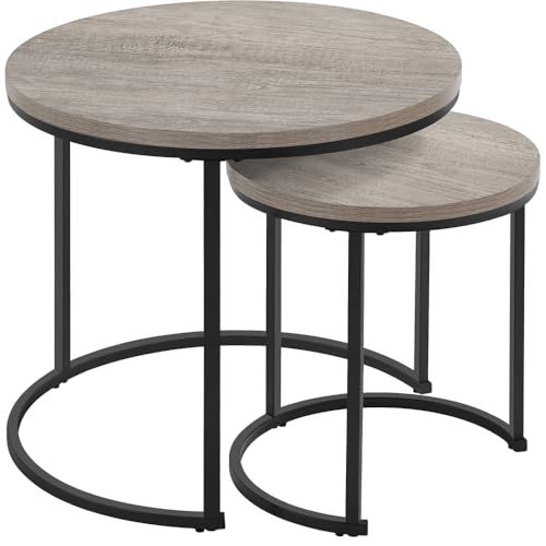 Yaheetech Mesa de Centro Redonda Juego de 2 Mesas Auxiliares Mesas Nido Mesitas de Café Rustica para Salón Mesa Auxiliar 60x60x50,5cm Gris