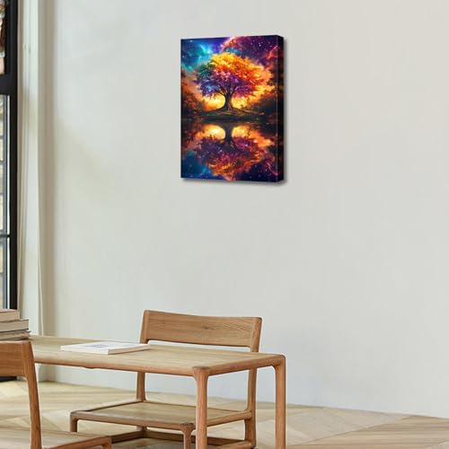 Wooden Framed Canvas Wall Art Colorful Tree Painting on Canvas Prints Poster Cosmic Tree Of Life Astral Sunset Dreamscape Pictures for Living Room Bedroom Dinning Room Corridor Wall Decor 30x40cm - Image 3