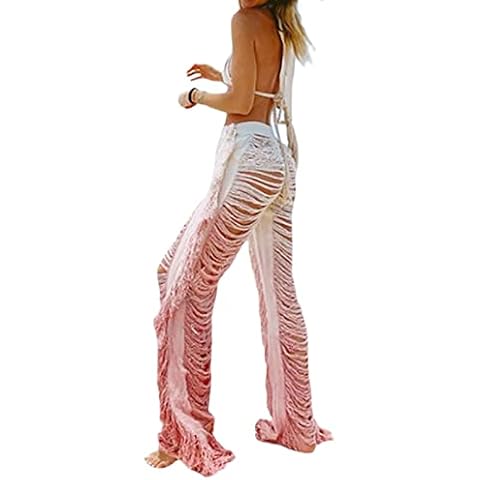 Madger Women Crochet Knit Cover Up Pants Hollow Out Destroyed Ripped Tassel Fringe Wide Leg Pant Tie Dye Bottoms Straight Trouser Beach (Pink, L) Cover