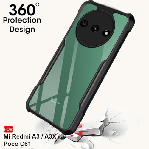 Image of TheGiftKart Shockproof Crystal Clear Back Cover Case for Mi Redmi A3 / A3X / Poco C61 | 360 Degree Protection | Protective Design | Transparent Back Cover Case (PC & TPU,Black Bumper)