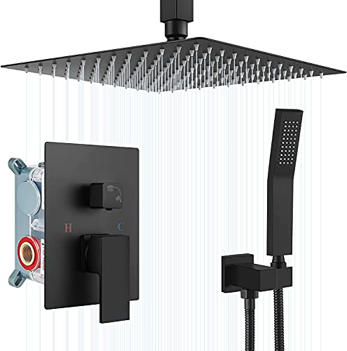 Airuida 12 Inch Square Matte Black Shower Faucet Rough-in Valve Bathroom Luxury Ceiling Mount SUS304 Ultra-thin Rainfall Shower Head Brass Shower All-in-one Handheld Hold Rain Mixer Shower System Set